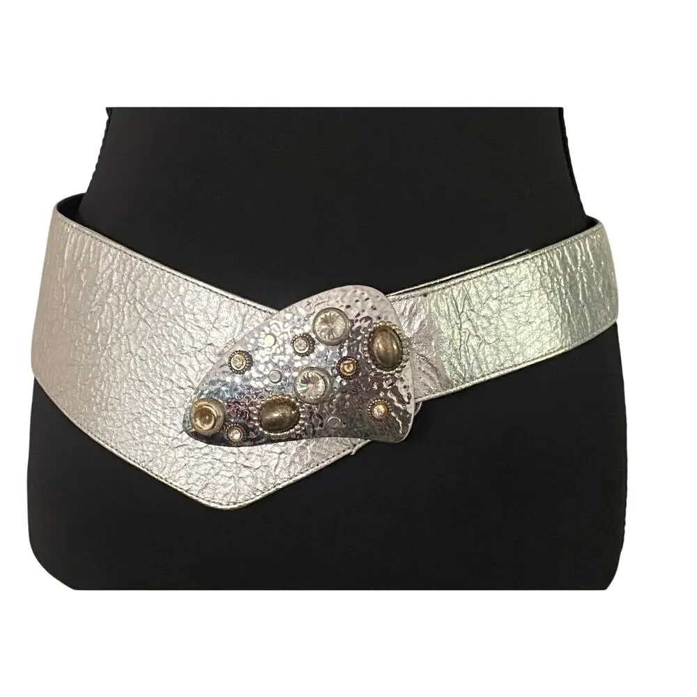 Vintage 80s Ravid Artistic Designs Silver Rhinestone Wide Belt USA Art Glam